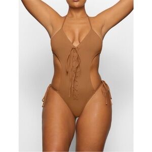 SKIMS Tan Lace-Up One-Piece Swimsuit